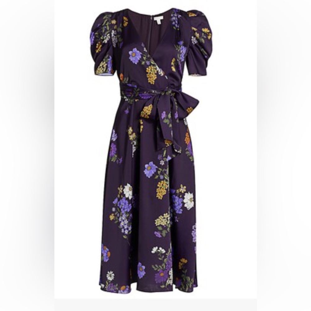 Monique Lhuillier ML floral print puff sleeve midi dress women’s size 8 GUC - Picture 9 of 16